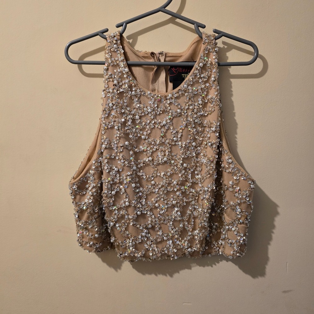 Terani Couture Crop Top Womens XS Tan Sequin Pearl Embellished Formal Sleeveless